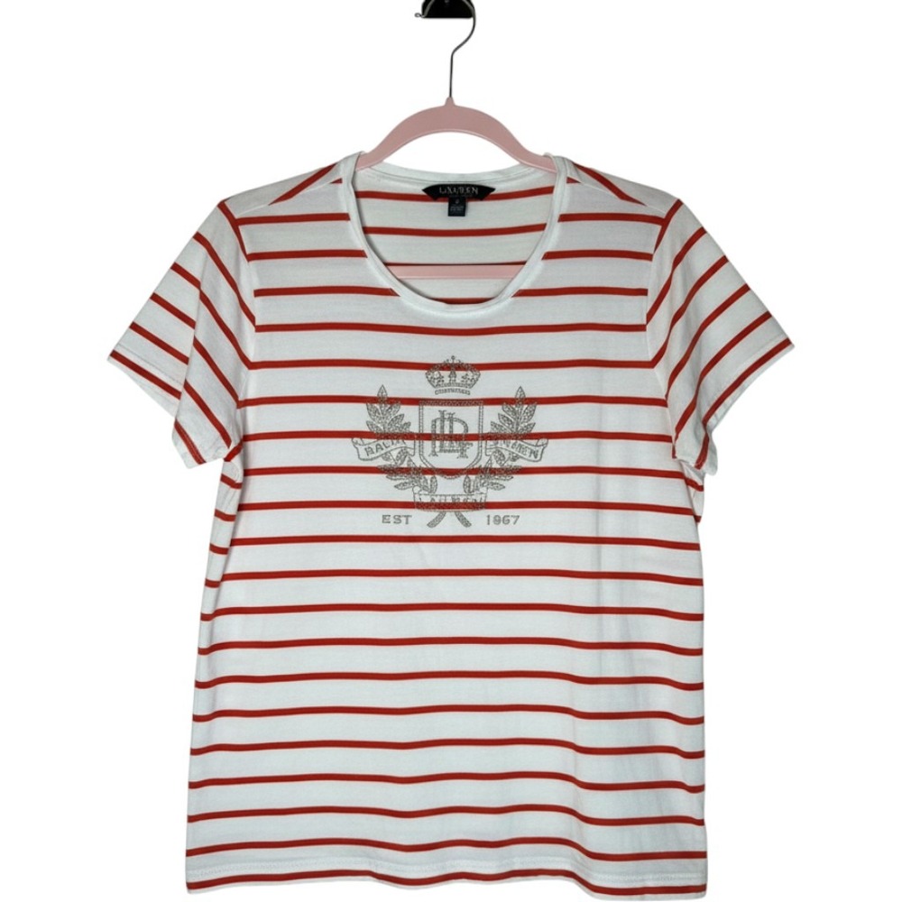 Lauren Ralph Lauren Red White Striped Embellished Crest T-Shirt XL